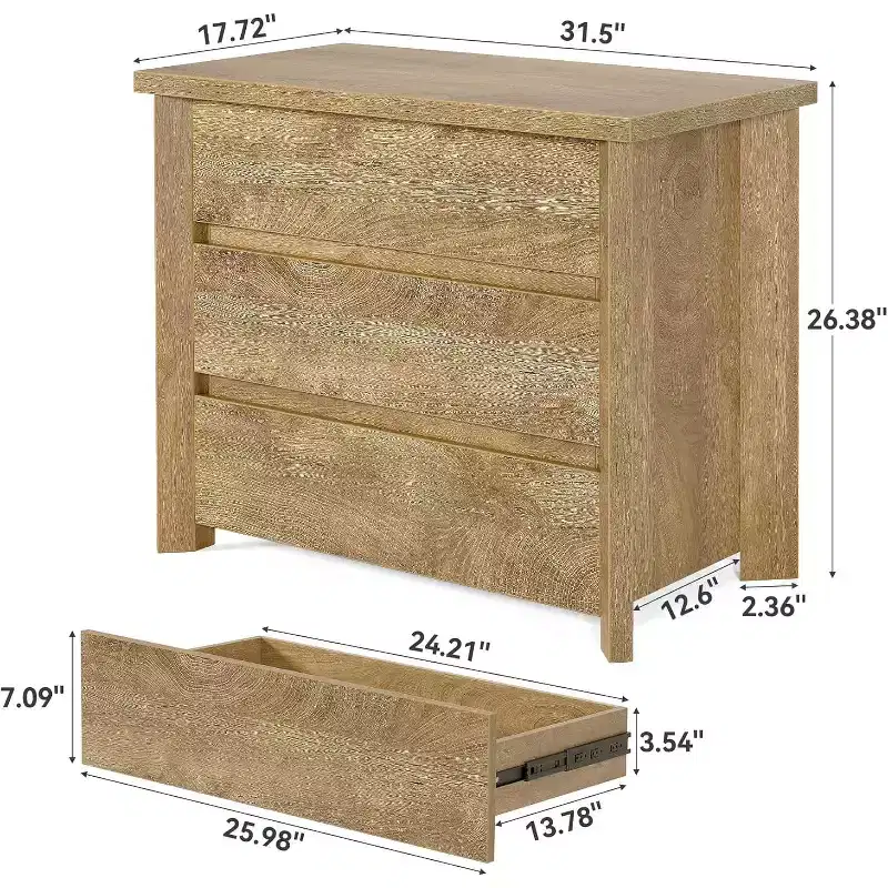 Lantine 3-Drawer Nightstand, Wooden Farmhouse Bedside Table for Bedroom, Large Wide Nightstand with Drawers, Oak