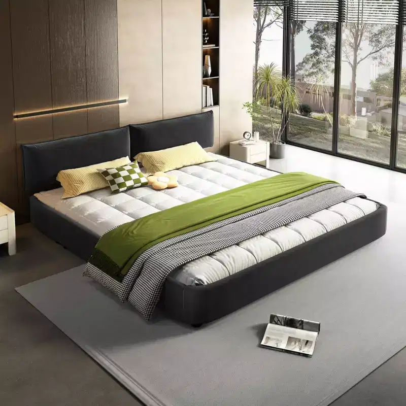 King Size Platform Bed Frame with Adjustable Padded Headboard, Round Corners, Metal and Wood Slat Support, Dark Gray