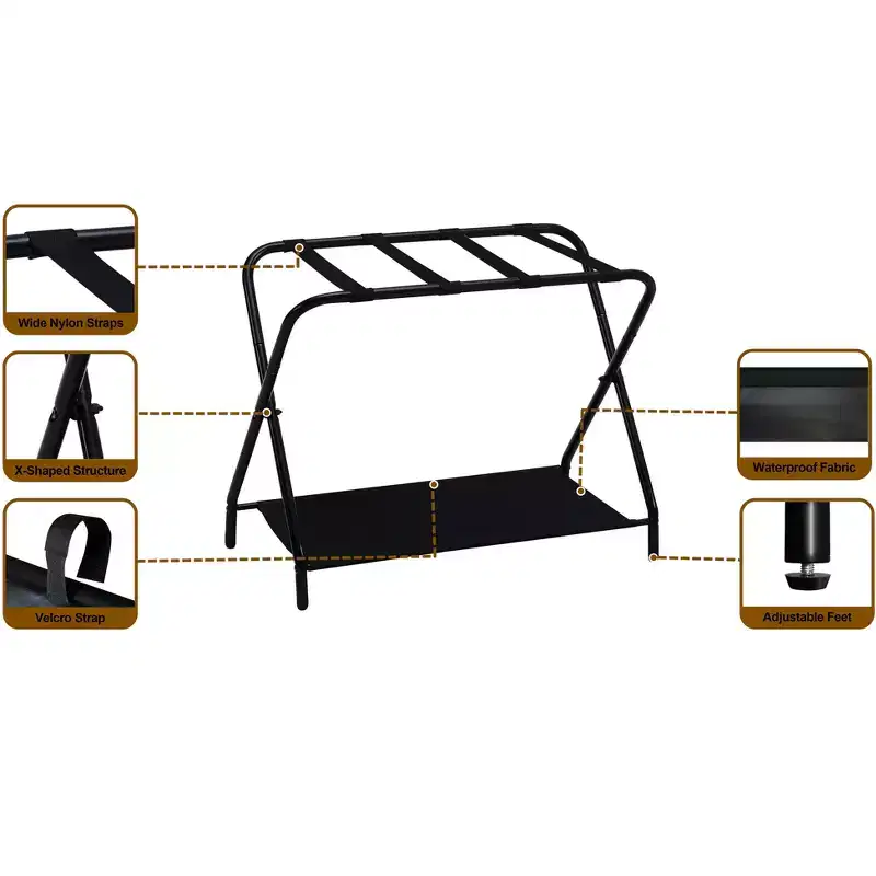 Folding Luggage Rack, Stylish Suitcase Stand With Storage Shelf, Black