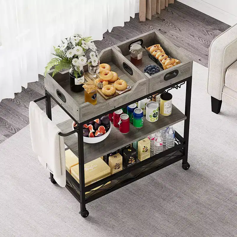 3-Tier Rolling Bar Cart with Removable Tray, Brown Gray Metal Frame, Kitchen Dining Storage