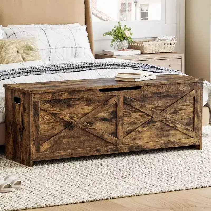Wooden Storage Bench with Safety Hinges, Large Shoe Bench for Entryway, Living Room, and Bedroom, Easy Assembly