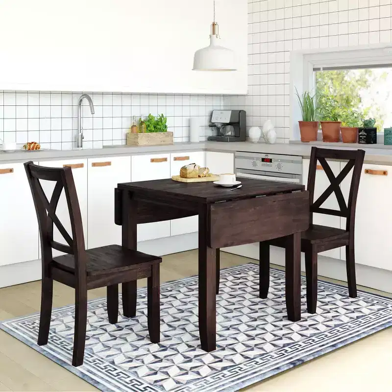 GDFStudio Torquil 3 Piece Ruberwood Dining Set with Foldable Dining Table and 2 X-back Chairs