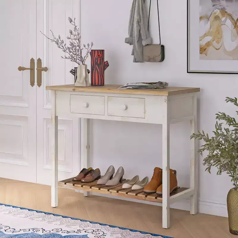 Schultz Rustic Fir Wood Console Table with 2 Drawers and 1 Open Lower Shelf