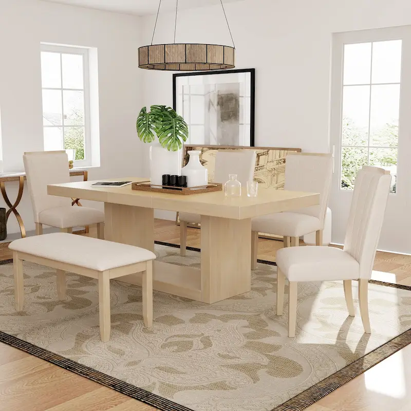6-Piece 78inch Extendable Pedestal Dining Table Set with 18inch Removable Leaf and Dining Bench, 4 Upholstered Dining Chairs
