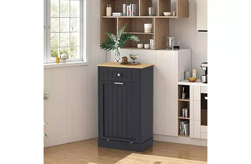 COZONY Wood Trash & Recycling Cabinet with Hideaway Drawer  Pet-Proof Freestanding Kitchen Bin Holder, Space-Saving Design