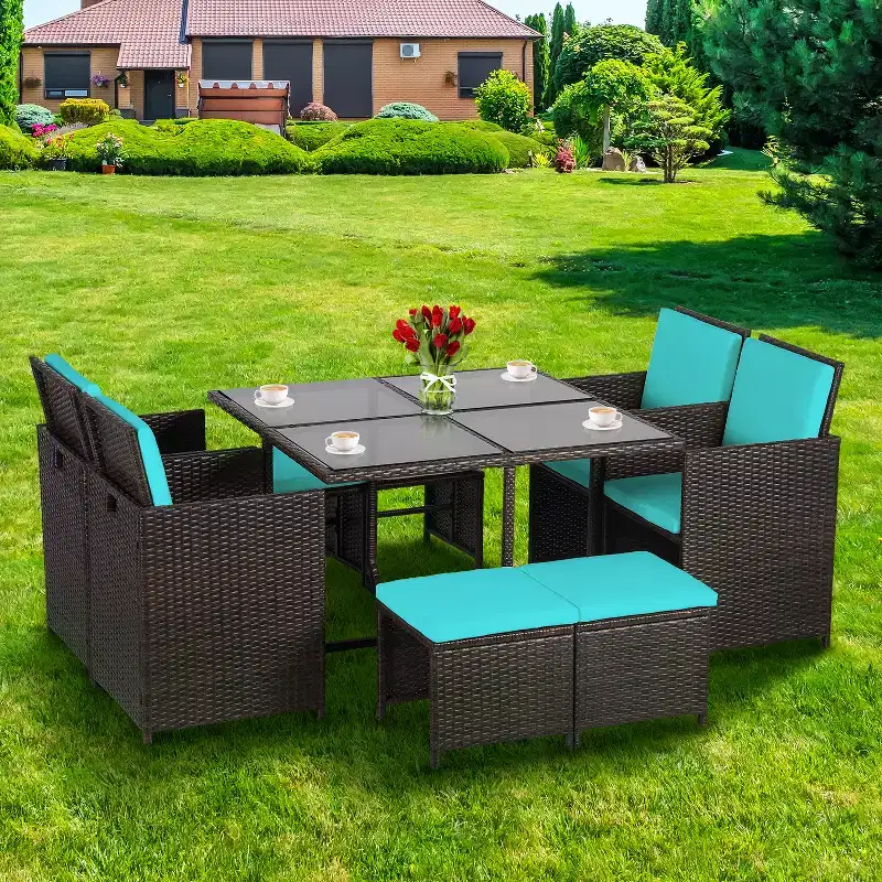 FDW Patio Dining Set Space-Saving 9-Piece Outdoor Patio Furniture Set with Glass-Topped Table