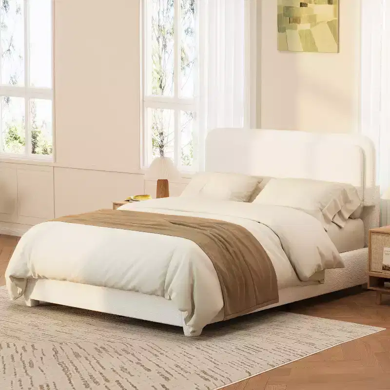 GDFStudio Cloudmere Moden Boucle Upholstered Platform Bed with Adjustable Curved Headboard