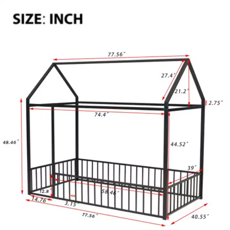 Metal Twin House-Shaped Bed Frame with Enclosing Fence