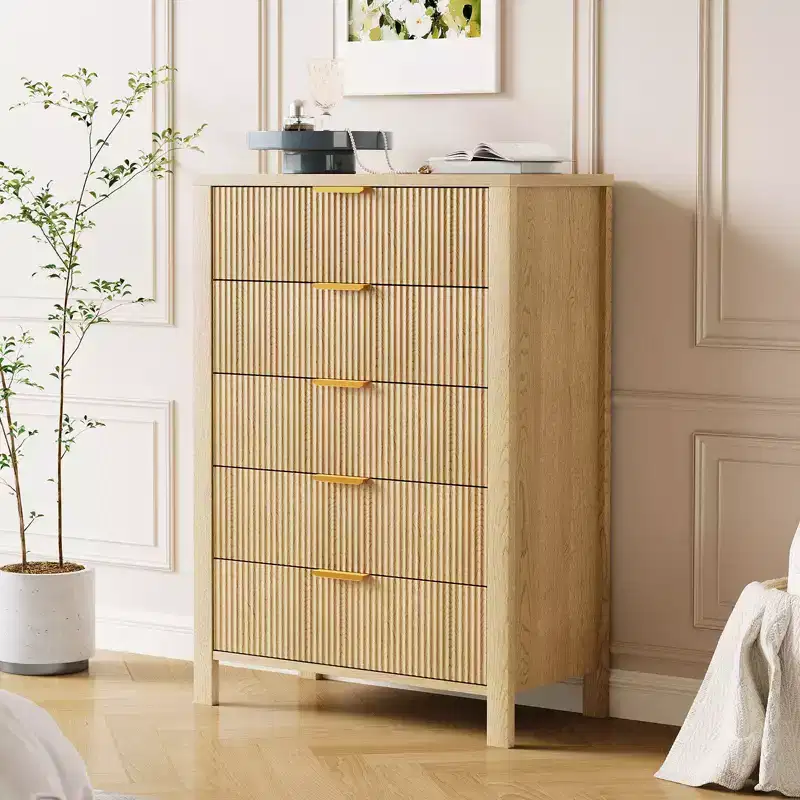 Oak / Oak Ash Fluted 5-Drawer Dresser – Slim Tall Chest for 1 Person, 31.5