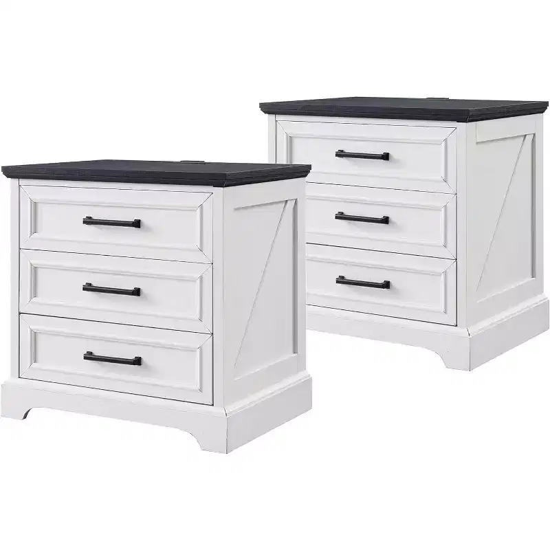 BALHAM TRADE-Nightstands Set of 2 with Charging Station 3 Large Drawers for Bedroom Living