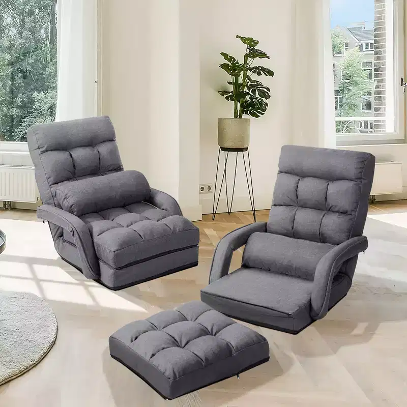 Costway Folding Floor Armchair w/ 6-position Adjustable Back & Lumbar Pillow Red\Grey