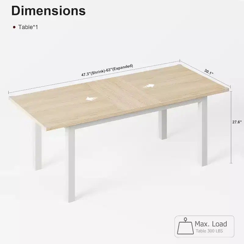 Extendable Dining Table for 46, 63 Large Wood Table with Metal Frame and MDF Top, Kitchen or Dining Room