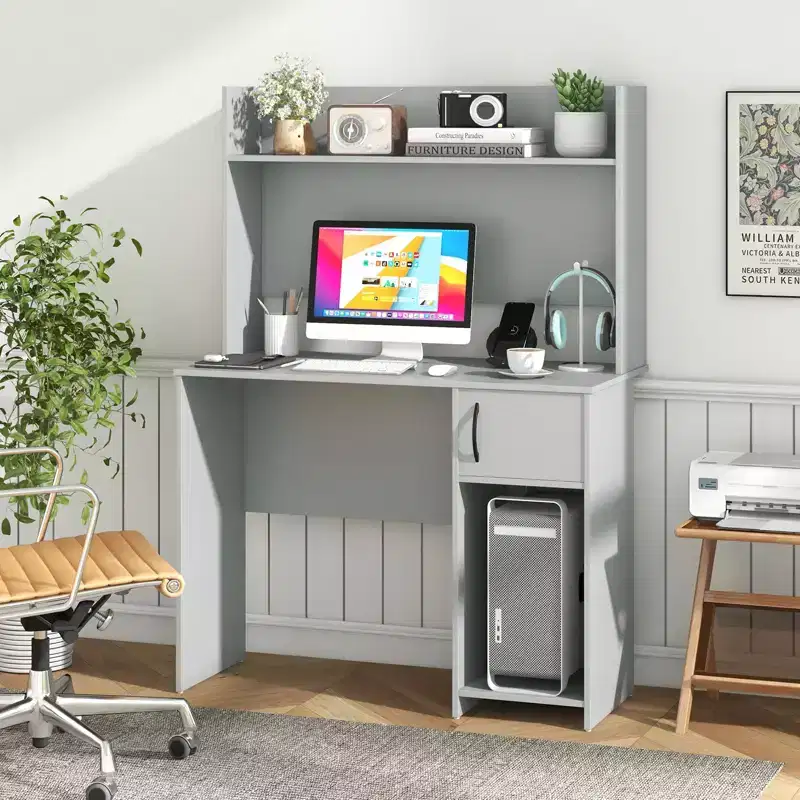 Costway Computer Desk w/ Hutch Home Office Desk Adjustable Shelf Modern Writing Table PC Desk with CPU Stand & Door Cabinet 2 Cable Management Holes