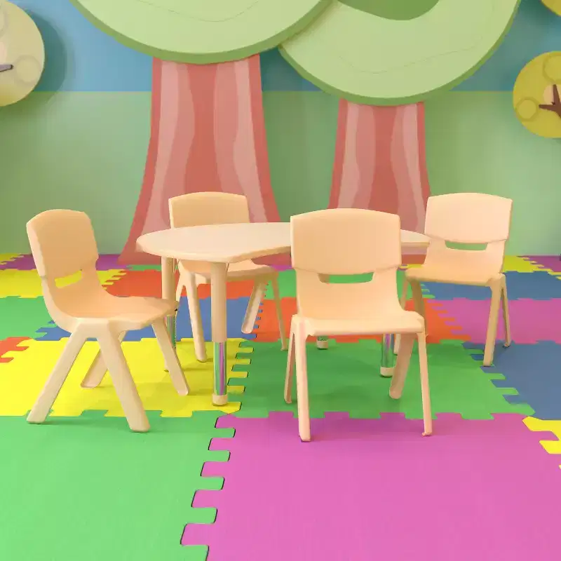 Emma and Oliver 25.125W x 35.5L Crescent Natural Plastic Adjustable Kids Table Set - 4 Chairs