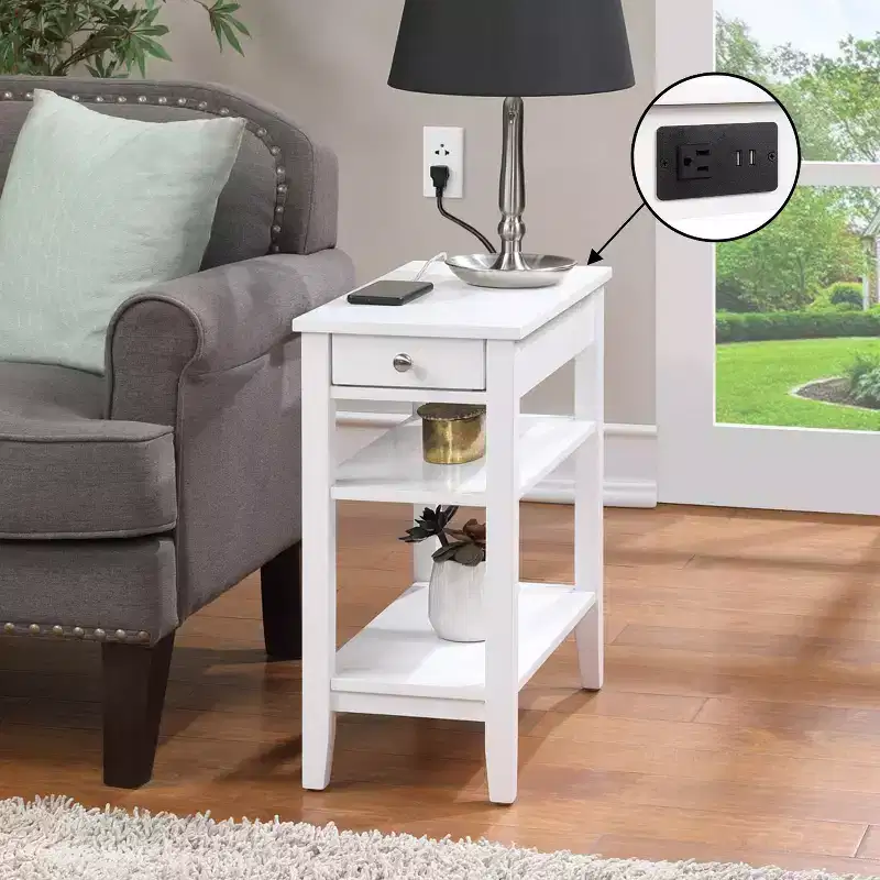 Chairside End Table with Smooth Drawer, USB Ports, Plug Outlet and Shelving, Contemporary Side Table with Storage, White