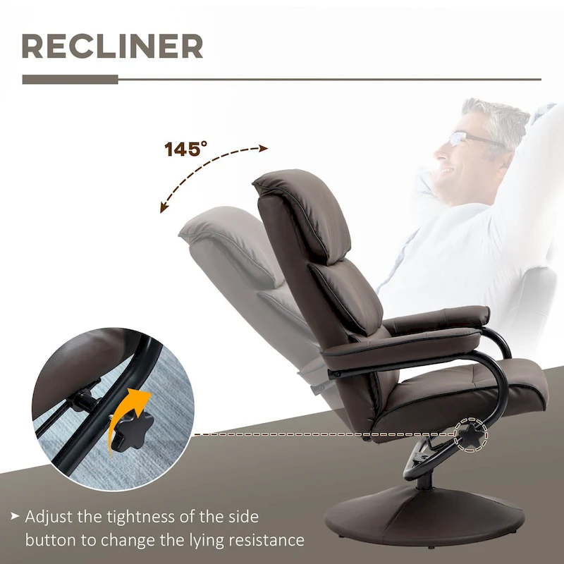 HOMCOM Recliner Chair with Ottoman, Swivel PU Leather High Back Armchair w/ Footrest Stool, 135 Adjustable Backrest