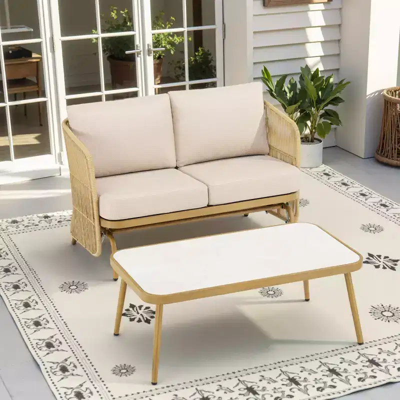 GDFStudio Lucas Outdoor Wicker Glider Loveseat Chat Set with Coffee Table and Cushions