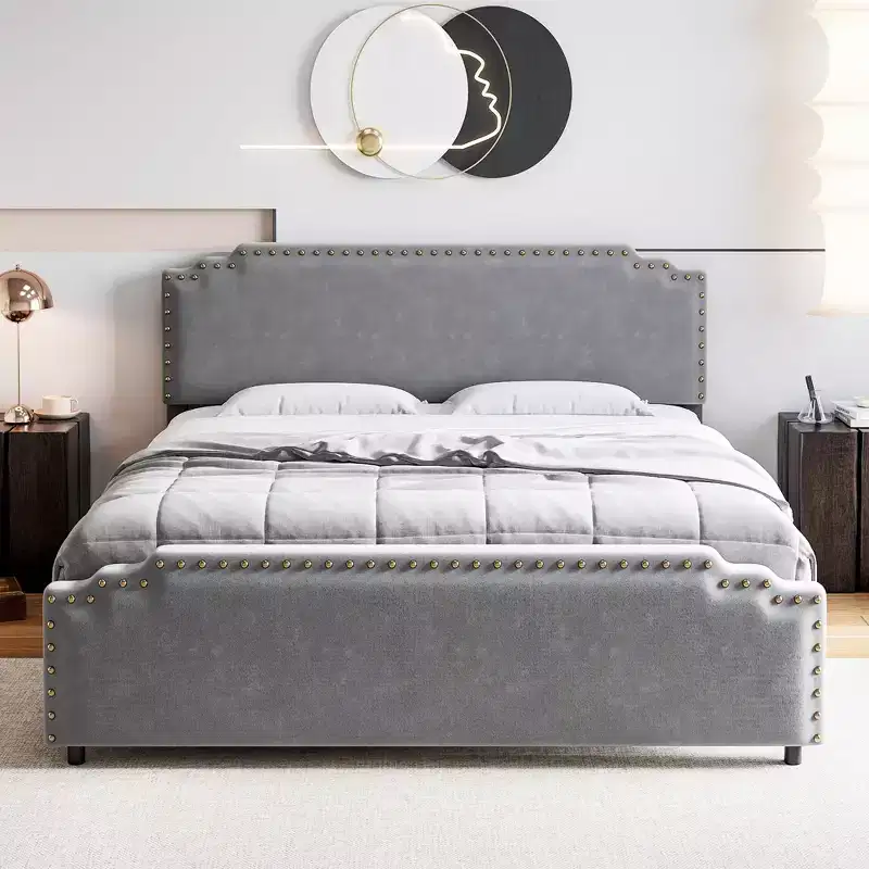 Bed Frame, Velvet Upholstered Platform Bed Frame with Rivet Decor Headboard, Strong Wood Slat Support, No Box Spring Needed, Grey