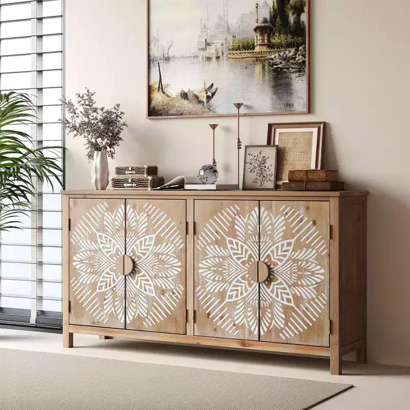 MAYEERTY 60 Wood Accent Cabinet with 4 Doors Brown and Antique White Modern Pantry Cabinet for Living Room Bedroom