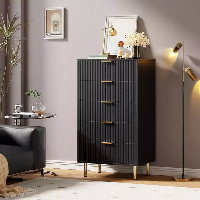 Modern grooved five-drawer tall bedroom wardrobe, 48-inch high drawer cabinet, deep storage with wide top, suitable for living room, hallway, black