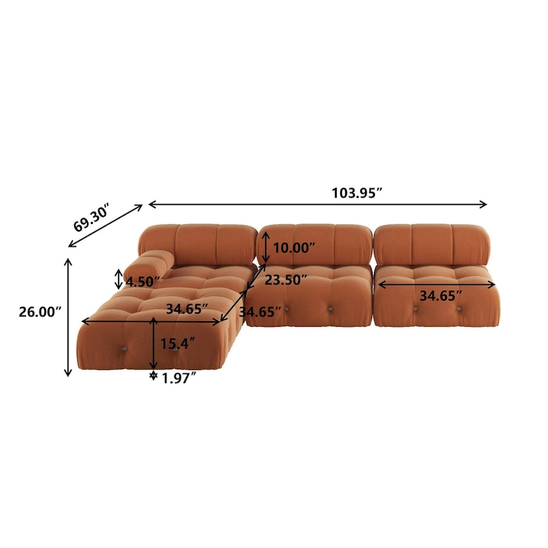 104 Wide Velvet Reversible Modular Sofa & Chaise with Ottoman