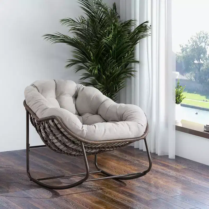 Okak Outdoor Rattan Rocking Chairs with Padding Cushion, Outdoor Recliner with Sturdy Metal Frame, Porch Chairs for Garden, Backyard
