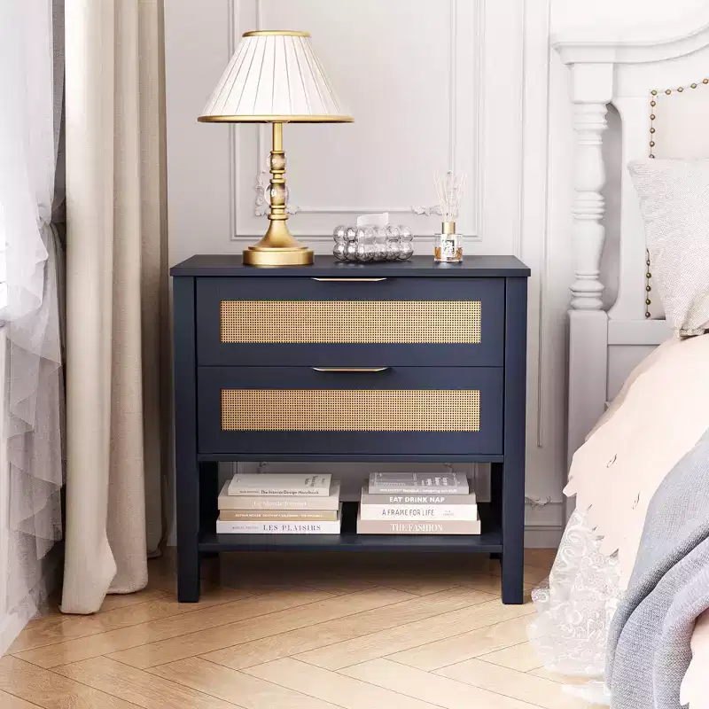 Rattan 2 Drawer Nightstand for Bedroom and Living Room