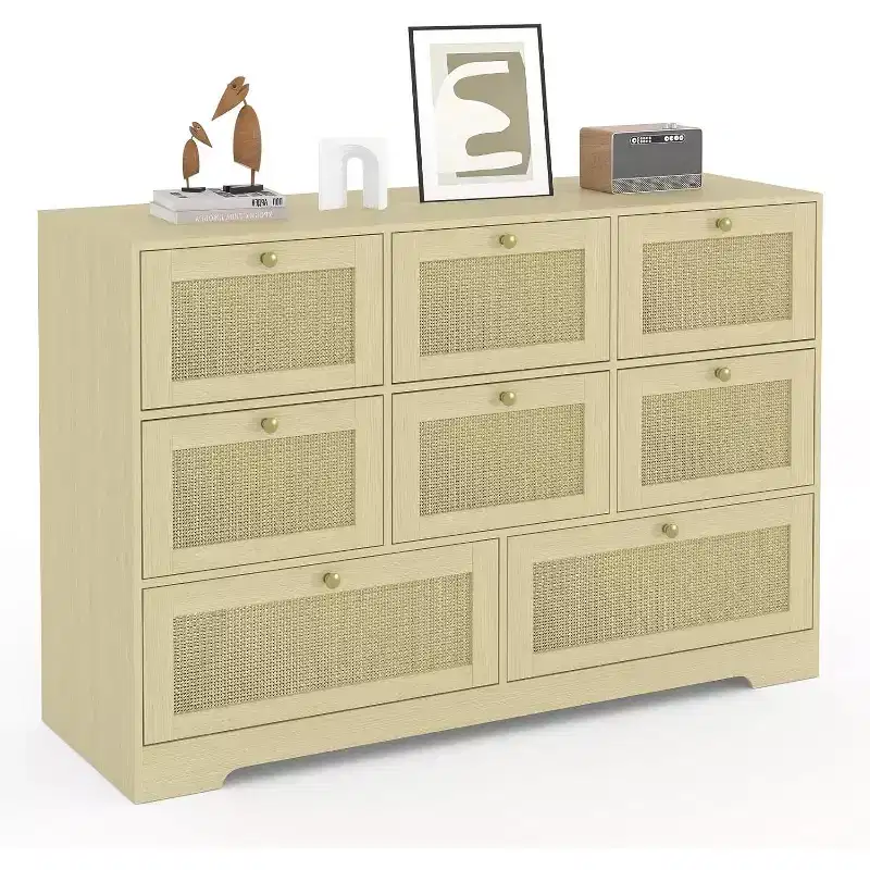 Rattan Dresser with 6 Drawers, Modern Boho Wooden Dresser for Bedroom Storage, Wicker Chest of Drawers with Metal Handles & Wood Legs