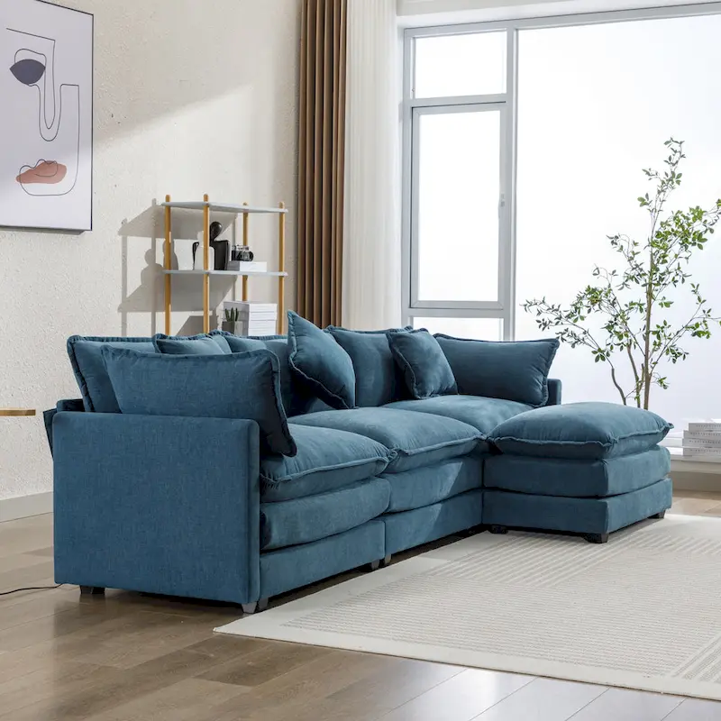 Blue 112.2 Modern L-Shaped 4-Seat Sofa with Removable Ottoman