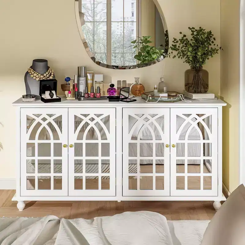 White 63'' Wide Sideboard with Modern Design Accent Buffet Cabinet Mirror Doors Organizers