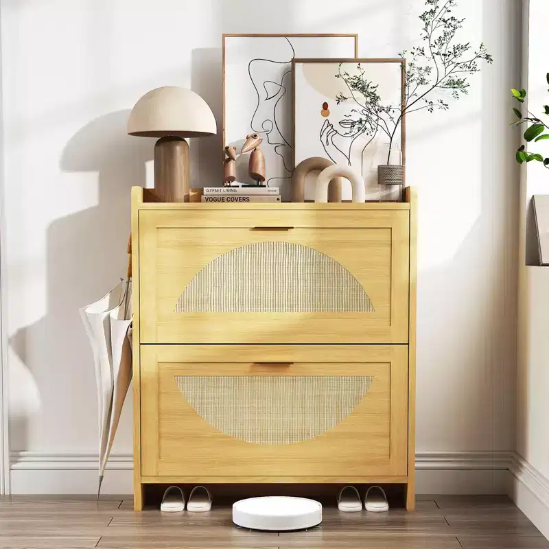 2 Flip Drawers Wood Shoe Storage Cabinet, Shoe Cabinet Freestanding with Rattan Doors & Adjustable Shelves for Entryway, Closet, Hallway