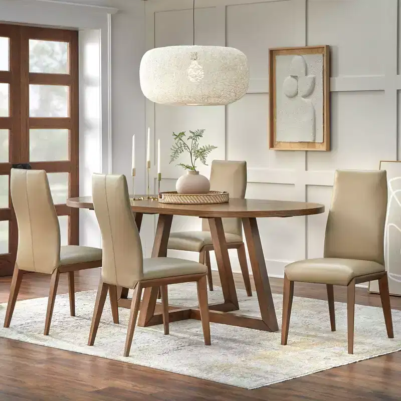 Lifestorey 5pc Valissa Modern Dining Set with Leather Chairs Walnut/Taupe