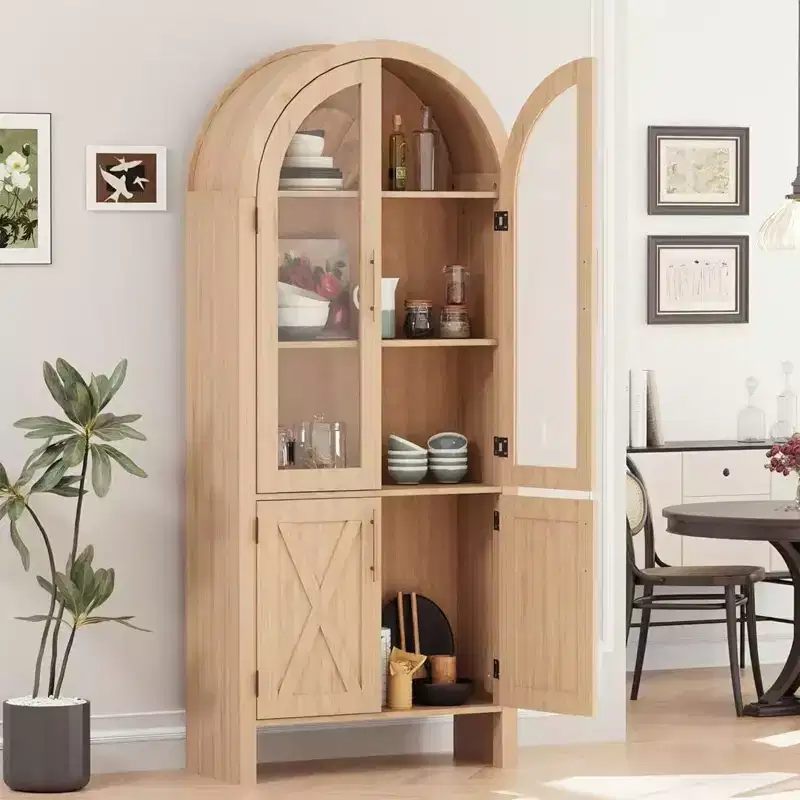 60-inch high arched kitchen cabinet with adjustable shelves and 4 large drawers, a multi-functional kitchen storage cabinet.