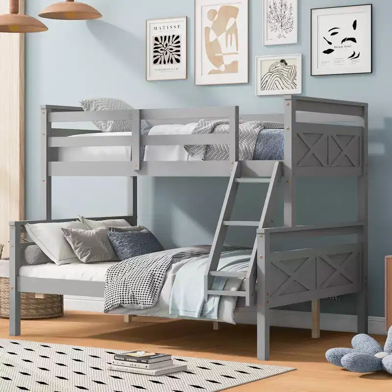 Wooden Twin over Full Bunk Bed for Kids, Bunk Bed Frame with Guard Rail for Bedroom Dorm