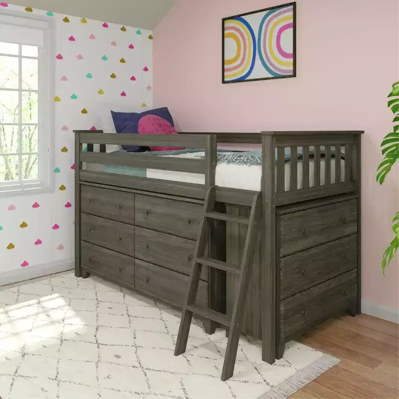Twin-Size Low Loft Bed with Pull-Out Desk and 3-Drawer Dressers