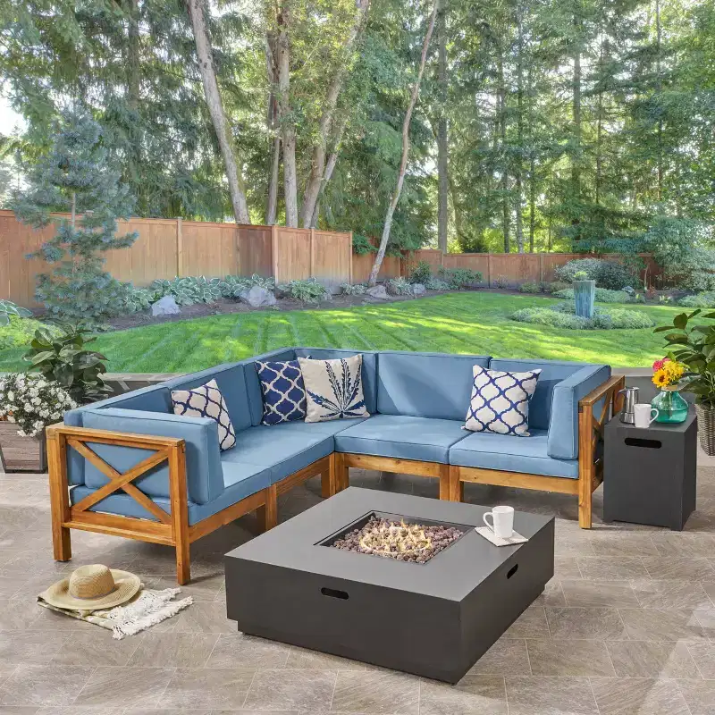 Christopher Knight Home Culatra Outdoor Acacia Wood 5 Seater Sectional Sofa Set with 50,000 BTU Iron Fire Pit