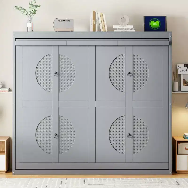 Plywood & MDF Queen Murphy Bed with Rattan Cabinet 68.9''H x 67.3''W