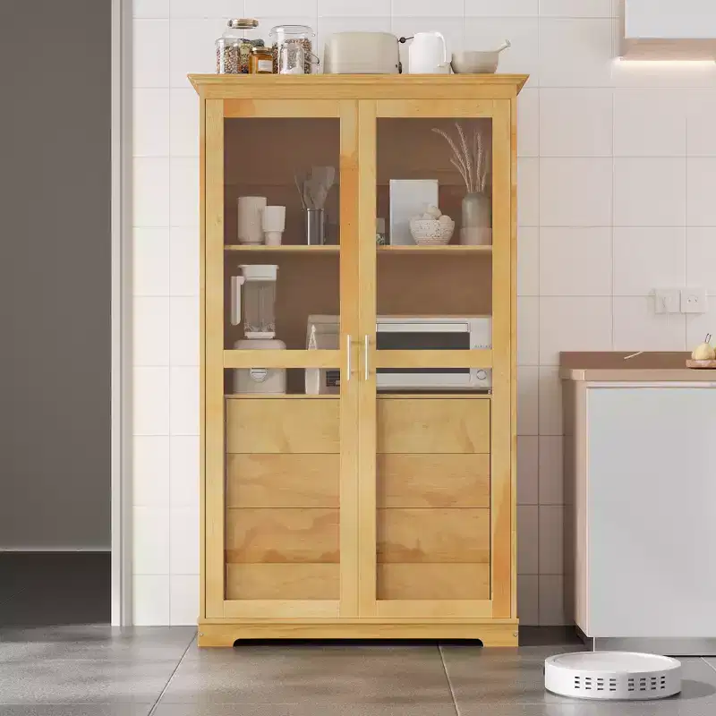 44.7x20x75inch Kitchen Pantry, Freestanding Kitchen Storage Cabinet Display Cabinet with Glass Doors and 4 Built-in Drawers for Living Room
