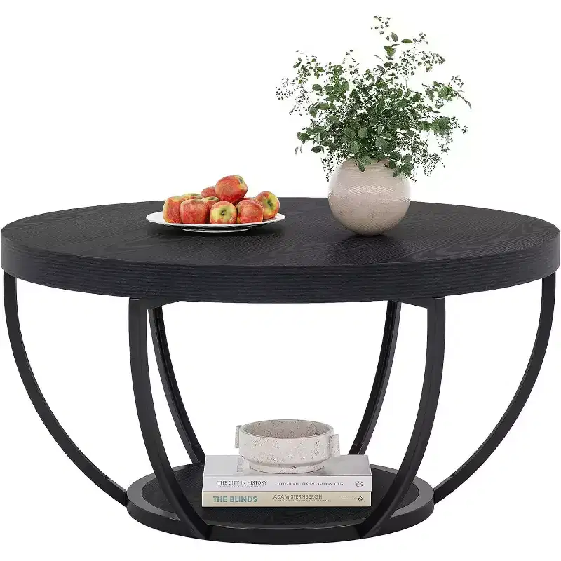 Lantine 31.7 Round Coffee Table, 2-Tier Circle Coffee Table with Storage Shelves, Modern Center Table for Living Room Black