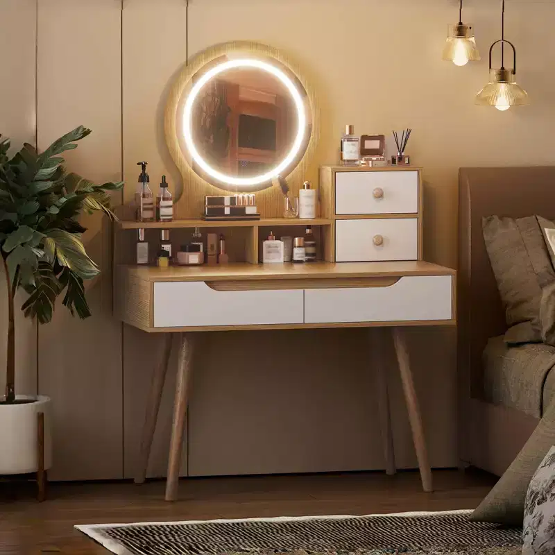 Makeup Vanity with 3 Colors Modes Adjustable Brightness Mirror, 4 Drawers and 3 Open Storage Shelves, Dressing Table, Makeup Desk