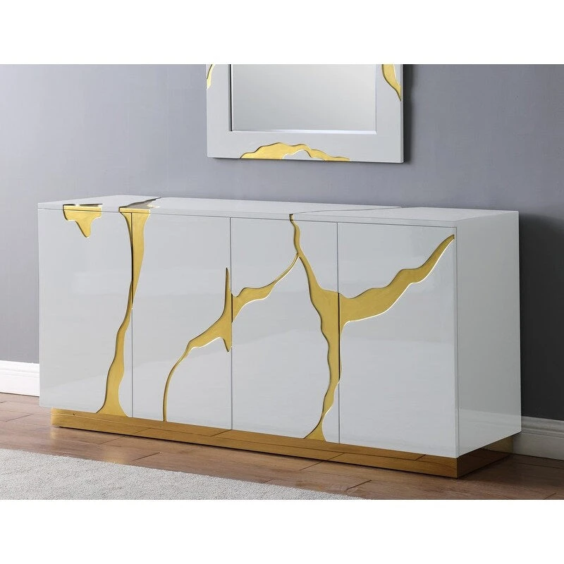 Best Master Furniture 66-Inch Lacquer Poplar Wood 4-Door Sideboard with Adjustable Shelves