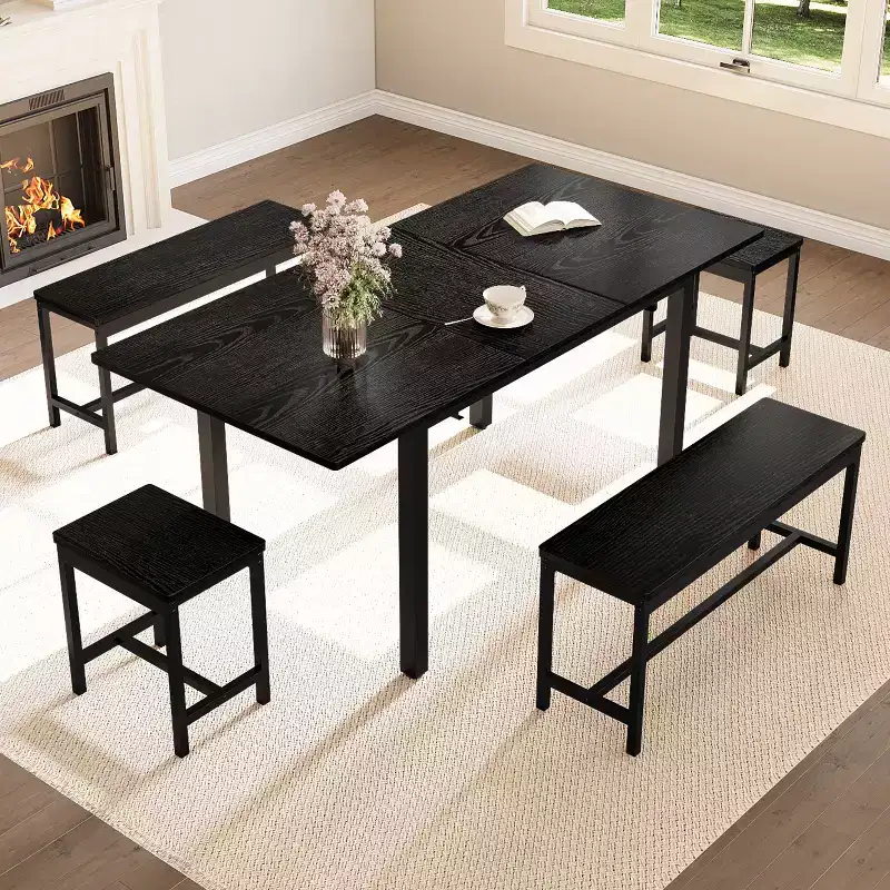 5-Piece Extendable Dining Table Set for 4-8 People, 2 Benches & 2 Stools, Modern Dining Room Furniture Sets, Easy Assembly