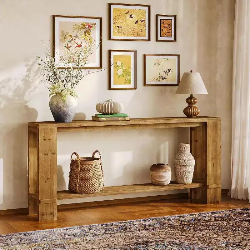 70-Inch Solid Wood Console Table, Farmhouse Sofa Table for Behind Couch, Narrow Entryway Table for Living Room, Hallway, Natural Wood Color