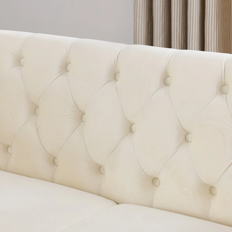 Beige Velvet Chesterfield Loveseat Sofa, Rolled Arms, Nailhead Trim