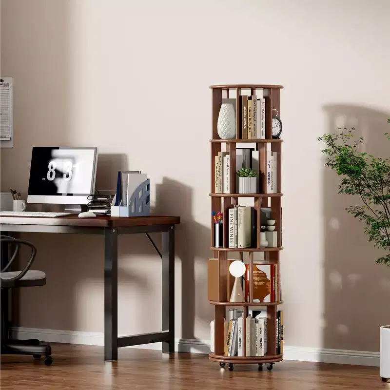 360 Rotating Bookshelf with Wheels, Solid Wood Narrow Bookcase with 5-Tier, Display Case for Living Room, Office, Bedroom, Walnut
