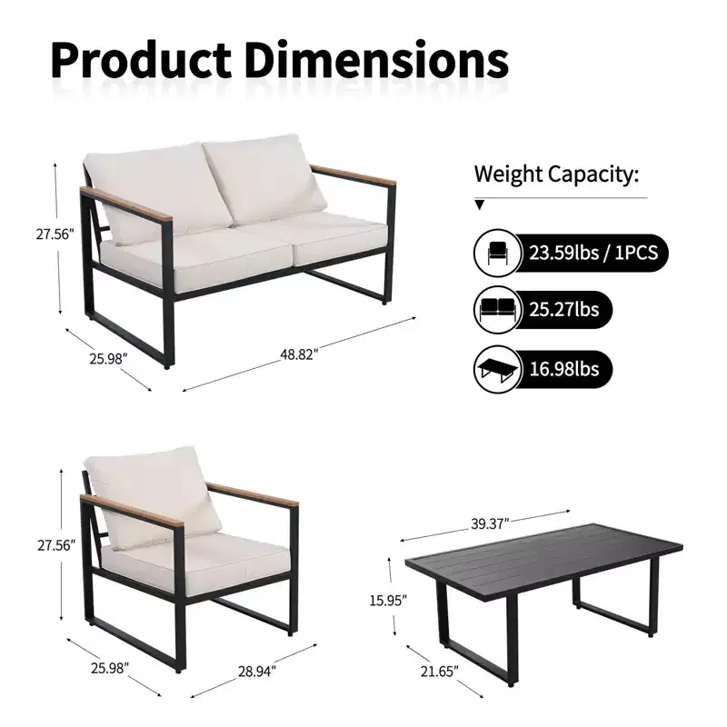 4-Piece Patio Conversation Set with Loveseat, 2 Chairs & Coffee Table, Metal Frame Furniture with Polystyrene Armrests, Black Frame & Beige Cushions