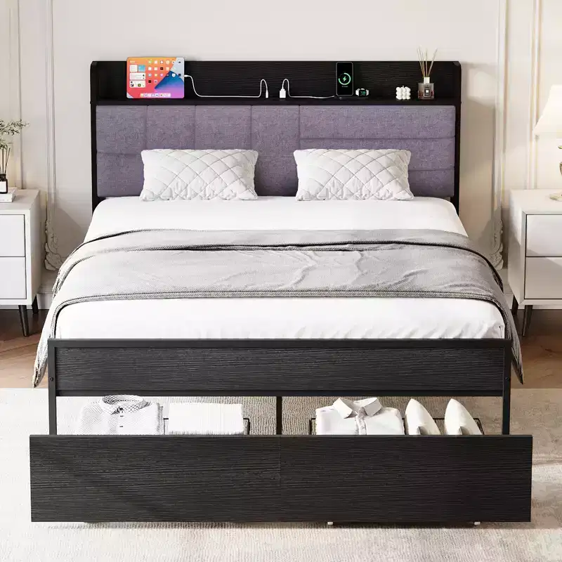 Full-size bed frame with a headboard featuring a shelf, storage functionality, two drawers, and a charging station, no bed box needed.