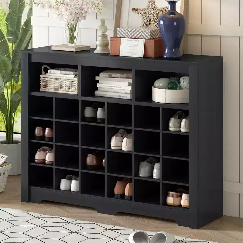Rustic Shoe Storage Cabinet with 24-Cubby Entryway Console and Curved Base