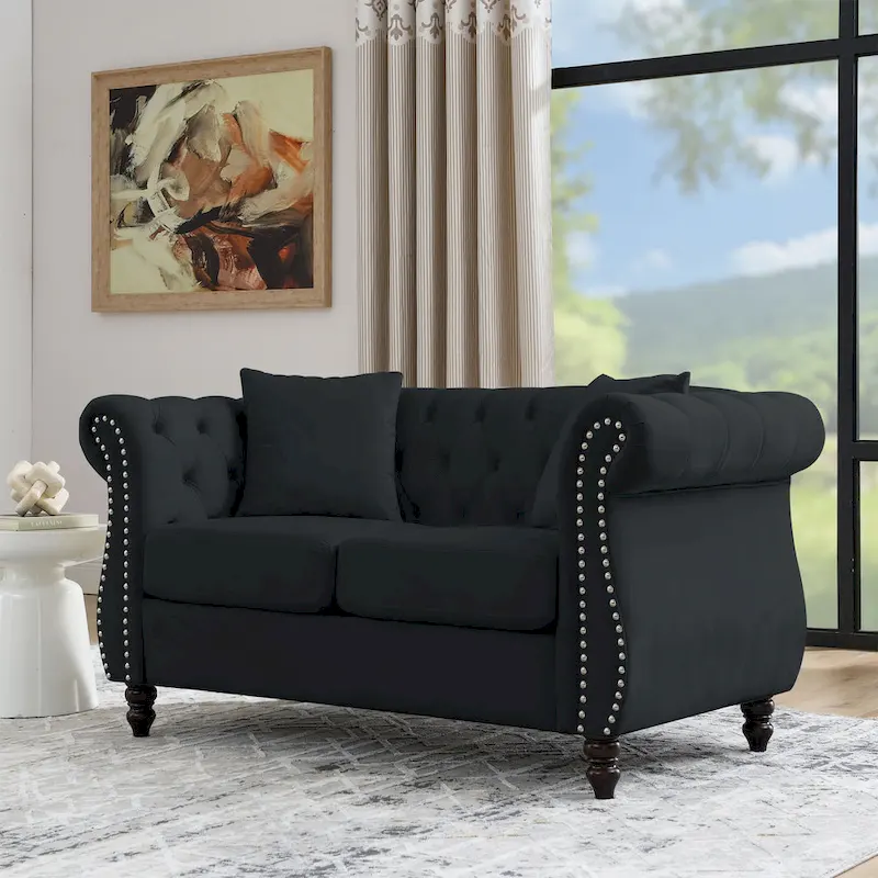 58.8 Chesterfield Sofa Black Velvet for Living Room, 2 Seater Sofa Tufted Couch with Rolled Arms and Nailhead for Living Room,
