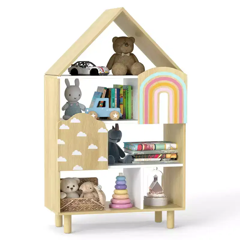 House-Shaped Kids Bookshelf 4-Tier Toy Storage Organizer w/ Open Compartments